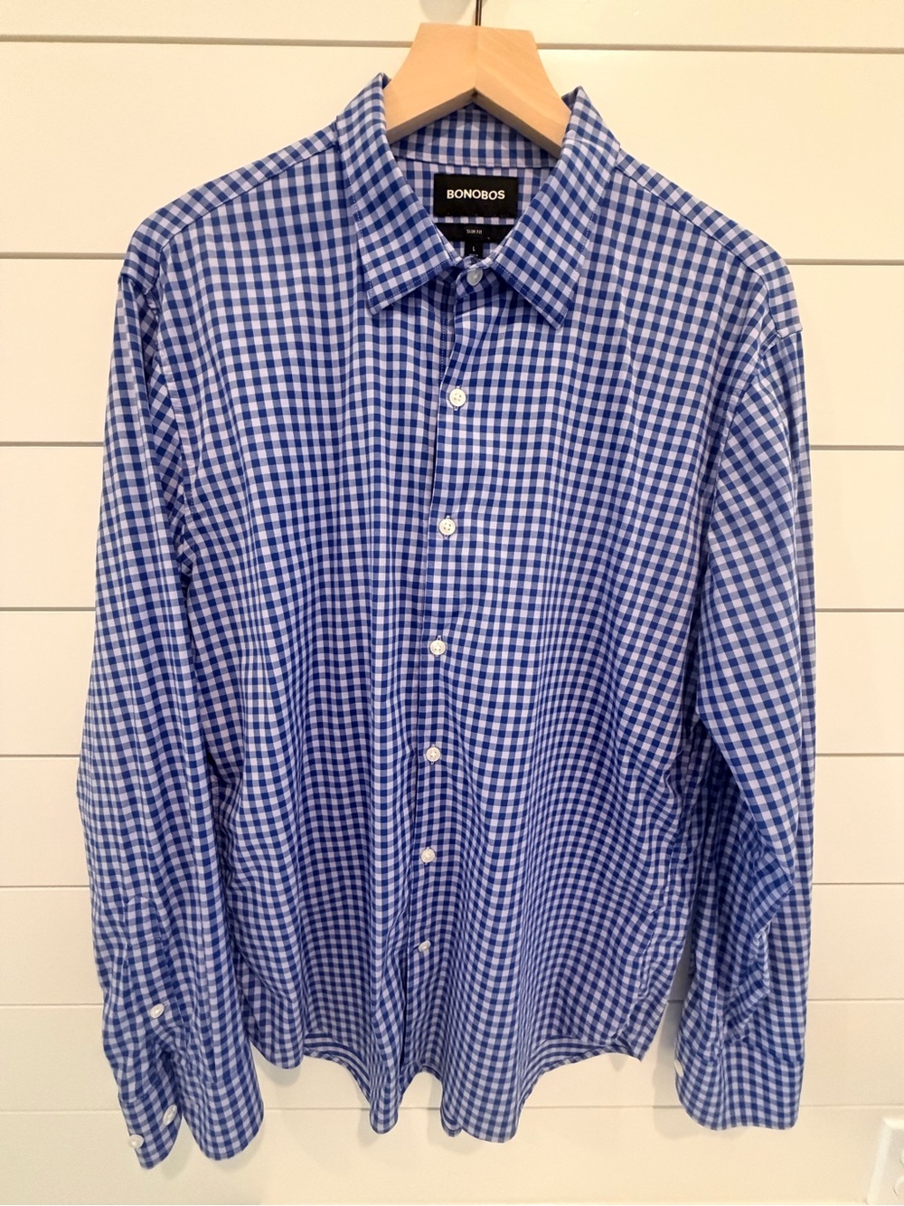 Bonobos Blue & Lavender Performance Gingham Dress Shirt, Slim Fit, Size L